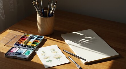 Watercolor Still Life: Artistic Tools and Botanical Sketch