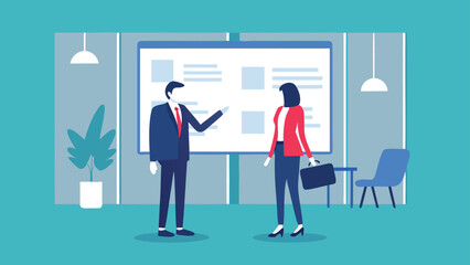 Fototapeta premium A man in a suit presenting to a woman with a briefcase in an office with a presentation board