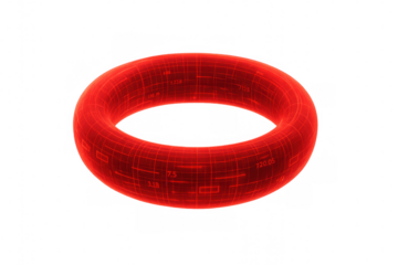 Red torus with glowing grid and numbers rotating on transparent background, ideal for technology, futuristic, and abstract concepts