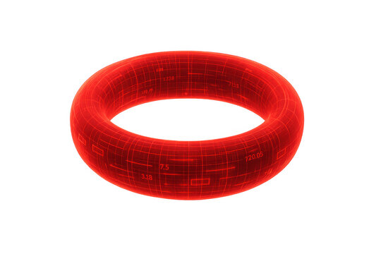 Red torus with glowing grid and numbers rotating on transparent background, ideal for technology, futuristic, and abstract concepts