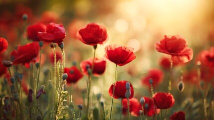 Fototapeta premium Vibrant red poppies glowing under the golden light of a sunset.