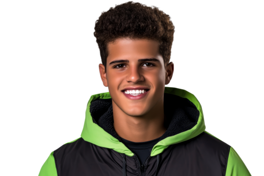 Young man smiling in a green and black jacket with a bright background