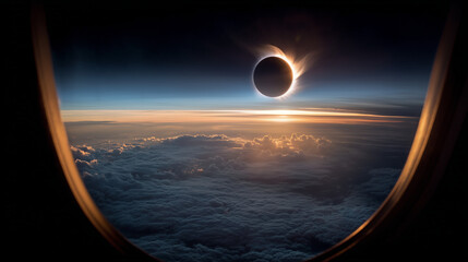 Spectacular solar eclipse viewed from airplane window above the clouds, surreal cosmic phenomenon in flight