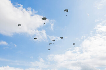 Group Parachuting Drill, Multiple paratroopers descending from the sky in synchronized formation, highlighting a large-scale airborne training exercise.