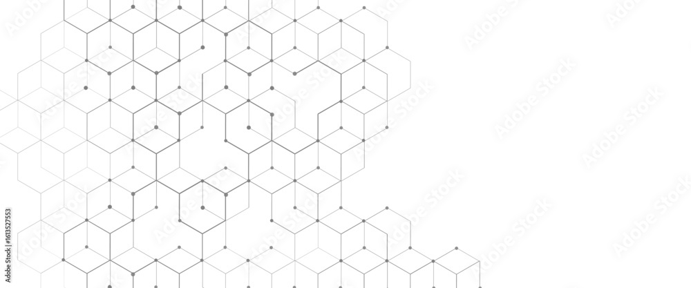 Poster vector digital hexagonal background geometric abstraction with lines and dots.