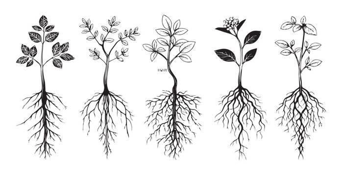 Detailed botanical illustrations of five plants with visible root systems silhouette