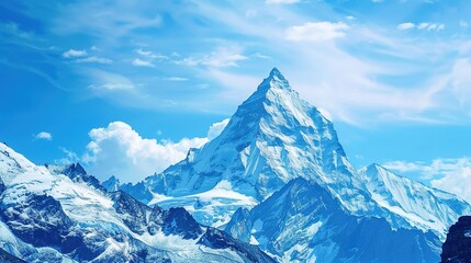 Obraz premium Cloudy, landscape, range, snow, scenery, mountain, blue sky and white clouds: Peaks Kissing Blue Skies & White Clouds, Where Snow-Clad Summits Paint Breathtaking Scenery Across Vast Mountain Ranges.