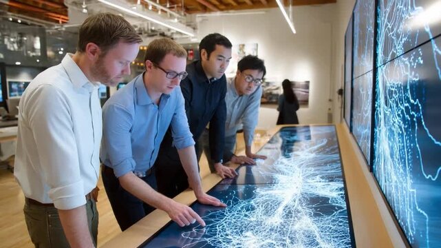 Technology Team Brainstorm: A group of four individuals, deeply engrossed in a technological presentation, collaborates in a modern setting.