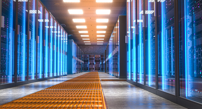 Server room illuminated with blue and orange lights 3d