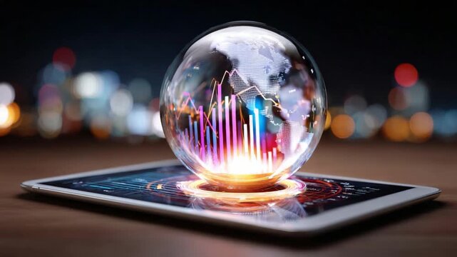 Global Financial Sphere: A crystal globe depicting the world sits atop a tablet, vibrant financial data projections illuminate the digital landscape. Capturing the essence of technological innovation. - Powered by Adobe