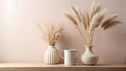 Photo of elegant arrangement of dried pampas grass in vases on a wooden shelf with a soft pink wall background