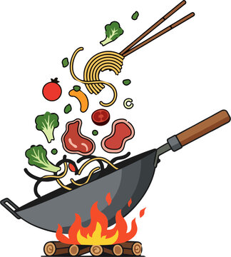 stir-fry cooking wok with ingredients clip art preview
