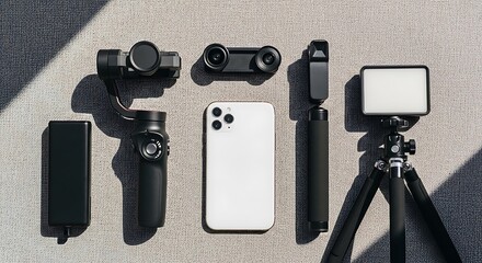 Various modern photography and videography equipment arranged neatly on a surface.