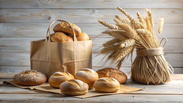 Photo of a rustic assortment of freshly baked bread loaves and rolls, with wheat stalks and a paper bag on a wooden surface - Powered by Adobe