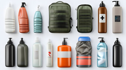Assorted bottles and bags, various colors and shapes,  on a white background,  a collection of containers