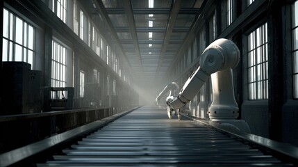 Industrial robot arm on conveyor belt