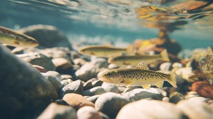 Underwater scene of trout swimming in a clear river with natural light creating a serene aquatic atmosphere.