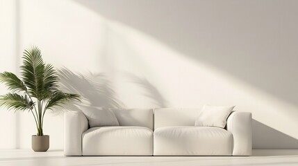 White sofa and plant in a minimalist interior with copy space, simple background, 3D rendering, modern home office or apartment design