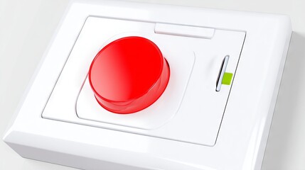 Red emergency button on a white control panel with a green indicator light, designed for urgent situations, symbolizing safety and immediate response in critical environments
