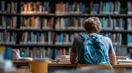 A person, backpack visible, studies at a table in a library with books filling shelves. Books and soft lighting