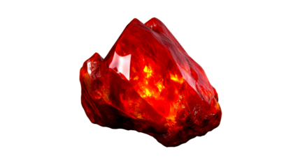 Large polished red gemstone on transparent background with shine