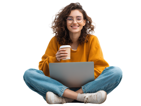 Smiling Student Sitting Cross-Legged with Laptop and Coffee Cup, Relaxed Study Moment, Isolated on Transparent Background (2)
