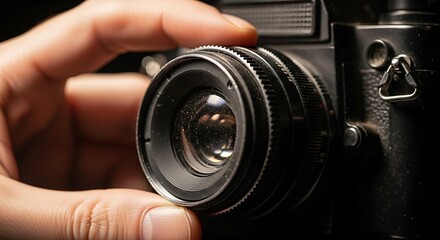 Close-up of a hand adjusting the lens on a vintage black camera.