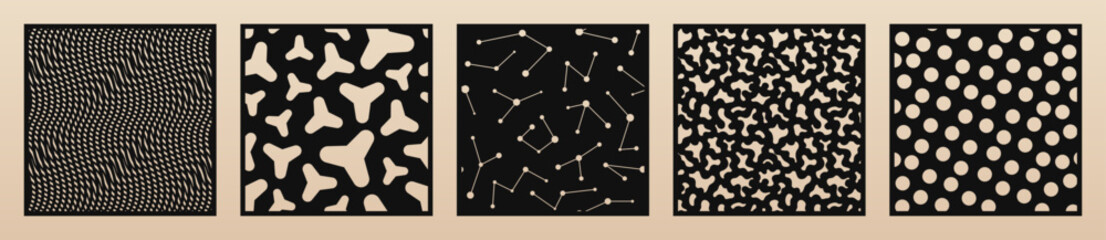 Vector collection of laser cut patterns. Square cutting template with abstract ornament, groovy organic shapes, grid. Decorative stencils for CNC cut of paper, metal, plastic, wood, plywood. Ratio 1:1