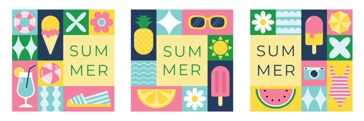 Set of square geometric summer banners in flat minimalist style. Template for card, poster, flyer and social media