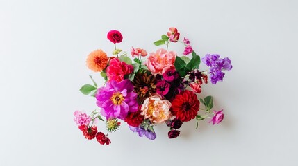 Vibrant floral arrangement captured from above on a clean white surface.