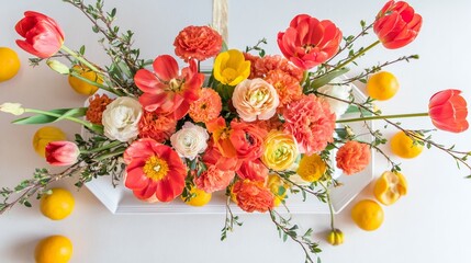 Vibrant floral arrangement captured from above on a clean white surface.