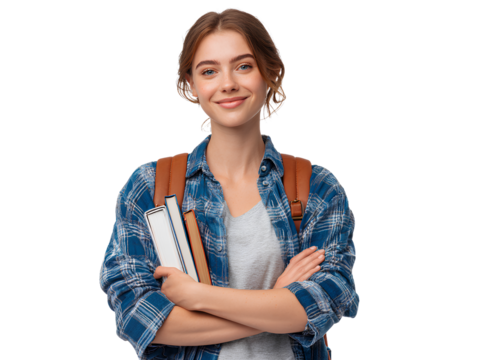 Smiling Female College Student with Backpack and Books, Casual Pose, Isolated on Transparent Background