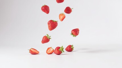 Vibrant red strawberries in mid-air against a pure white background, showcasing crisp detail.
