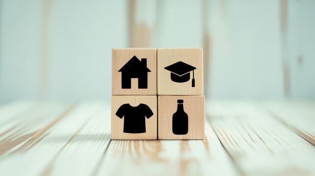Four Wooden Blocks with Icons Representing Housing, Education, Clothing, and Food/Drink on a Wooden Surface
