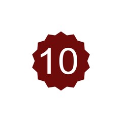 This image shows a bold white number 10 centered on a dark red starburst badge shape, set against a plain white background.

