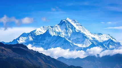 Obraz premium Cloudy, landscape, range, snow, scenery, mountain, blue sky and white clouds: Peaks Kissing Blue Skies & White Clouds, Where Snow-Clad Summits Paint Breathtaking Scenery Across Vast Mountain Ranges.