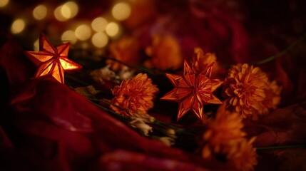 Golden star lanterns glowing against red silk, with scattered chrysanthemum petals for a festive touch.