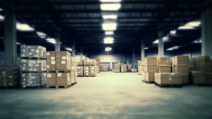 Warehouse interior with neatly stacked boxes, soft overhead light creating an orderly atmosphere.