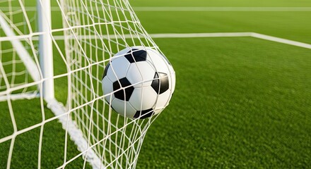 Soccer ball perfectly nestled in the goal net against a vibrant green field background, capturing the thrill of victory
