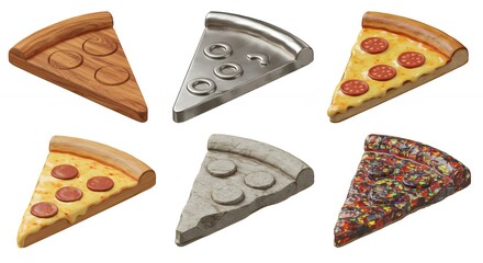 Various pizza slices displaying different crusts and toppings