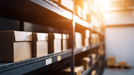 Neatly arranged boxes on warehouse shelves with soft overhead lighting and a blurred background.