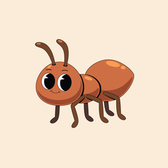 A cute cartoon ant character with big eyes and a friendly smile. Adorable brown insect illustration isolated on a light background