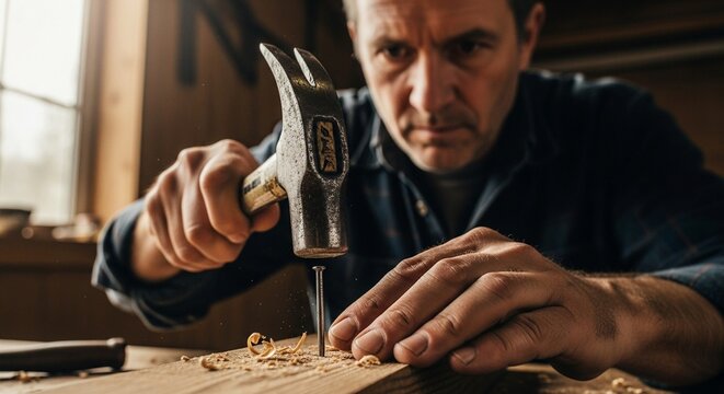 Close-up of a focused craftsman hammering a nail into wood in a workshop.