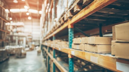 Neatly arranged boxes on warehouse shelves with soft overhead lighting and a blurred background.