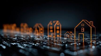 Futuristic conceptual artwork depicts glowing orange house outlines on a dark, blurred circuit board background, representing digital real estate