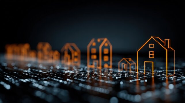 Futuristic conceptual artwork depicts glowing orange house outlines on a dark, blurred circuit board background, representing digital real estate