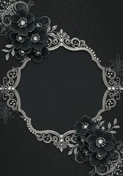 Elegant black floral frame with silver accents, perfect for invitations or announcements with a touch of sophistication.