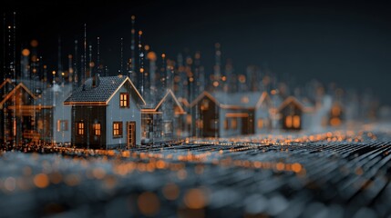 Houses, light trails connecting, suggesting digital infrastructure and data flow in a modern cityscape concept
