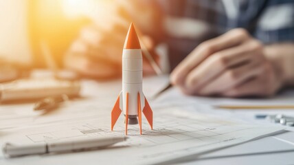 A small model rocket sits on blueprints with a person sketching designs in the background, symbolizing engineering and aerospace innovation.