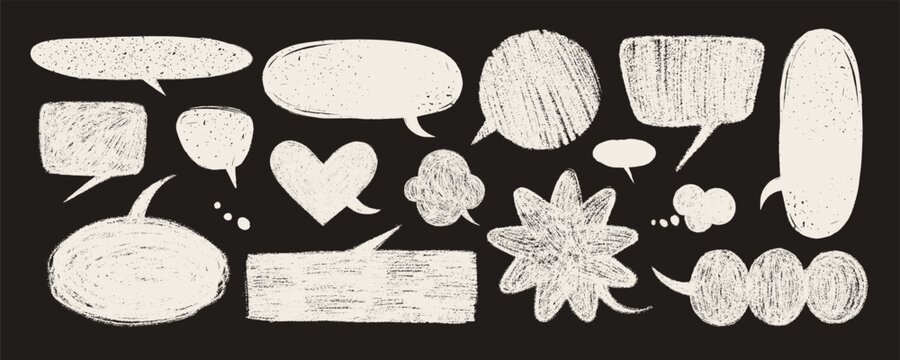 Crayon speech bubble vector set in white on black with chalk texture. Hand drawn doodle talk and text elements. Great for blackboard designs, comics, kids posters, creative layouts